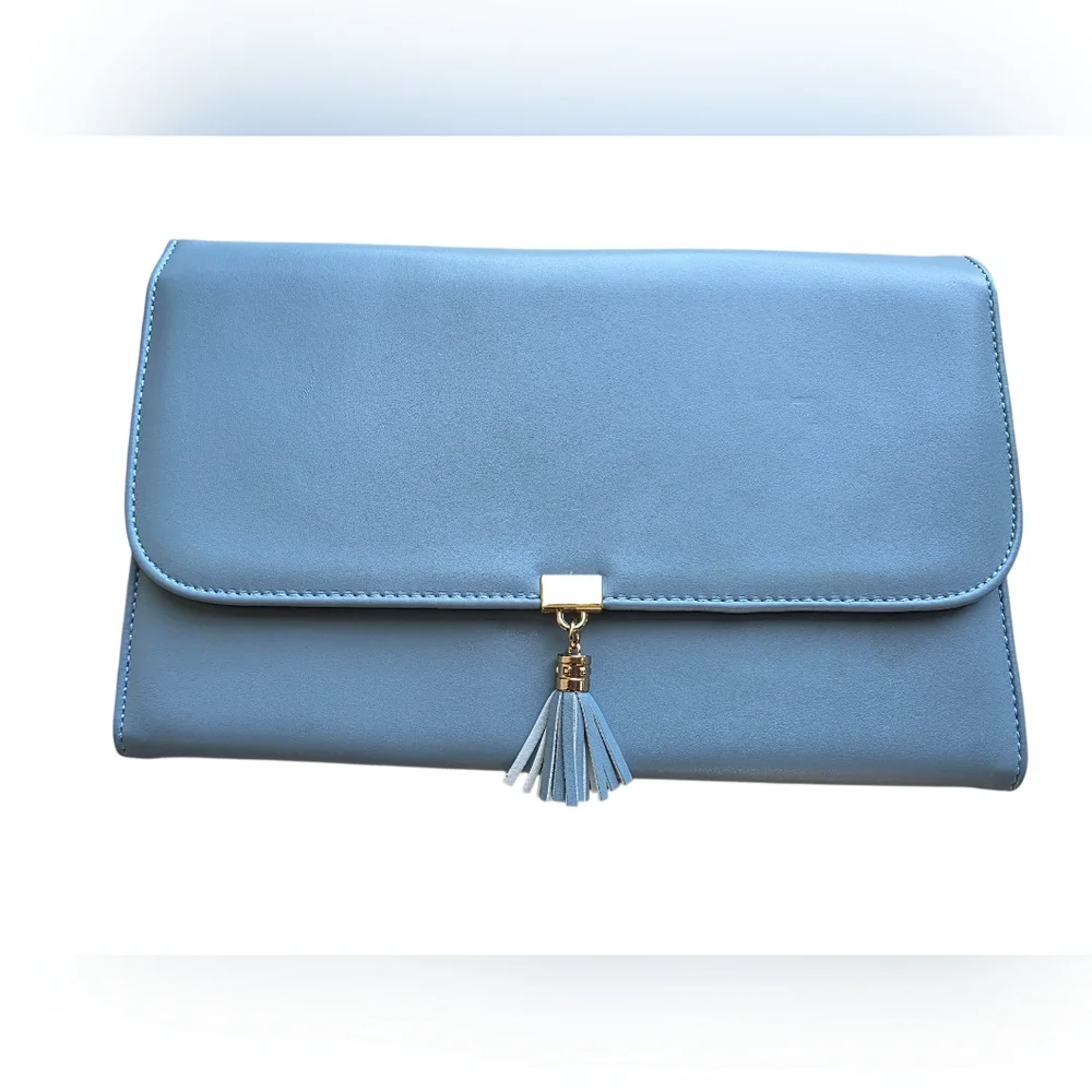 Matein Powder Blue Tassled Jewelry Roll Organizer With Snap Closure EUC